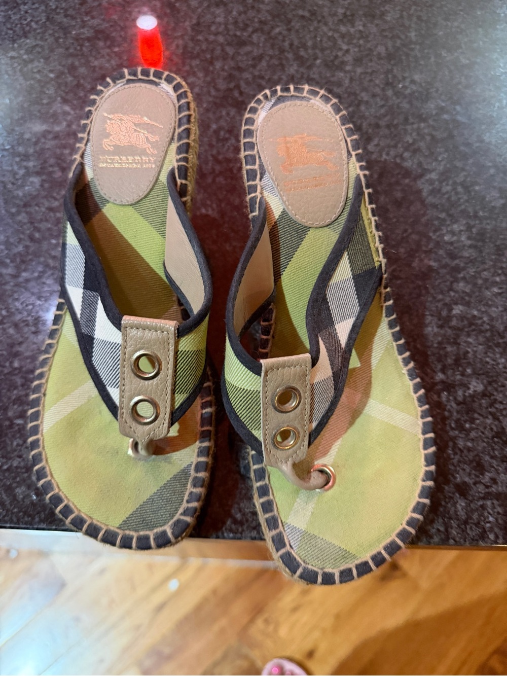 Burberry Wedge Sandals Green Check